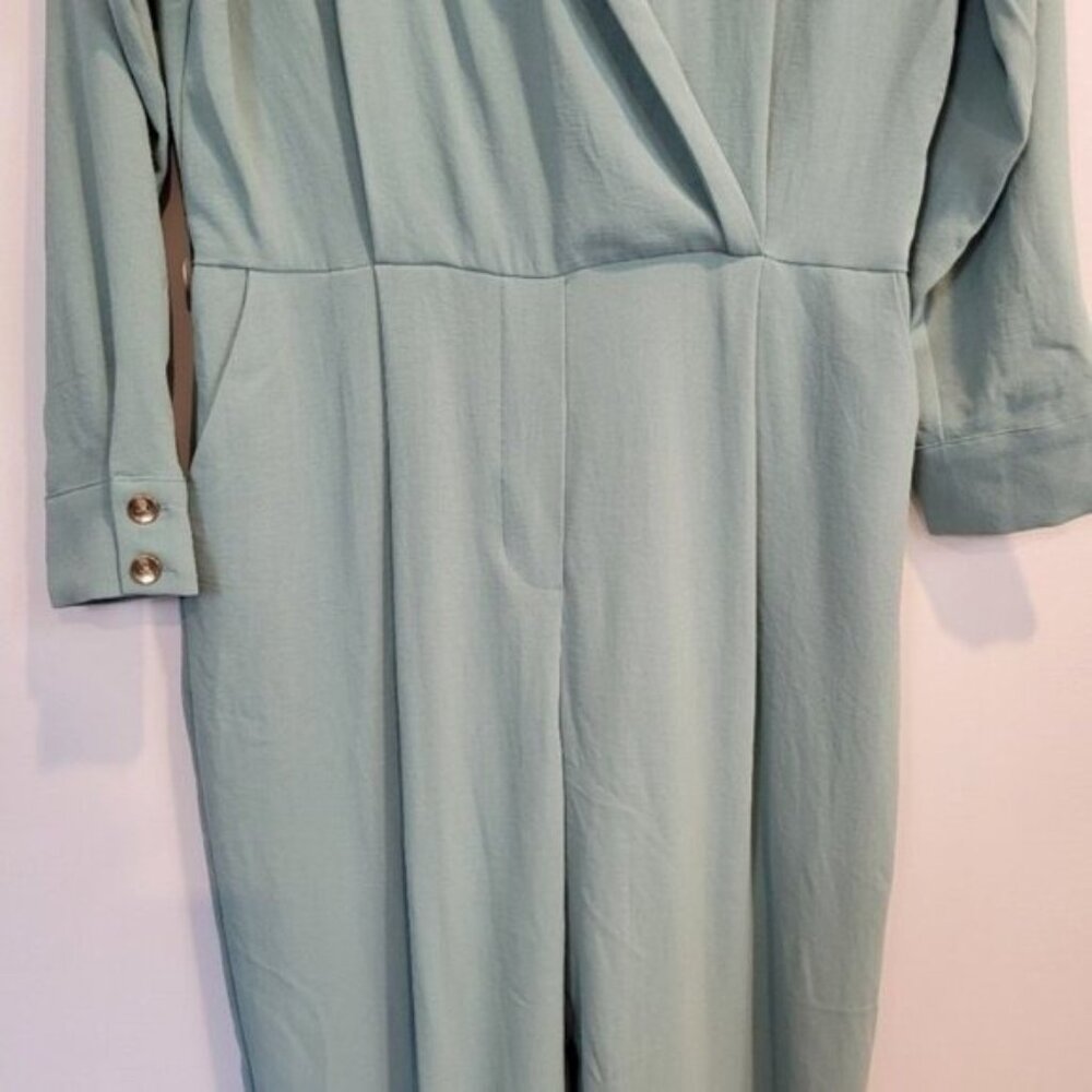Zara | Long Sleeve Lapel Collar Surplus V Neck Jumpsuit Dusty Green Blue - Picture 6 of 9
